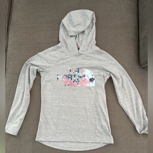 The North Face Light Gray Hoodie with Floral Logo. Size Girls Medium